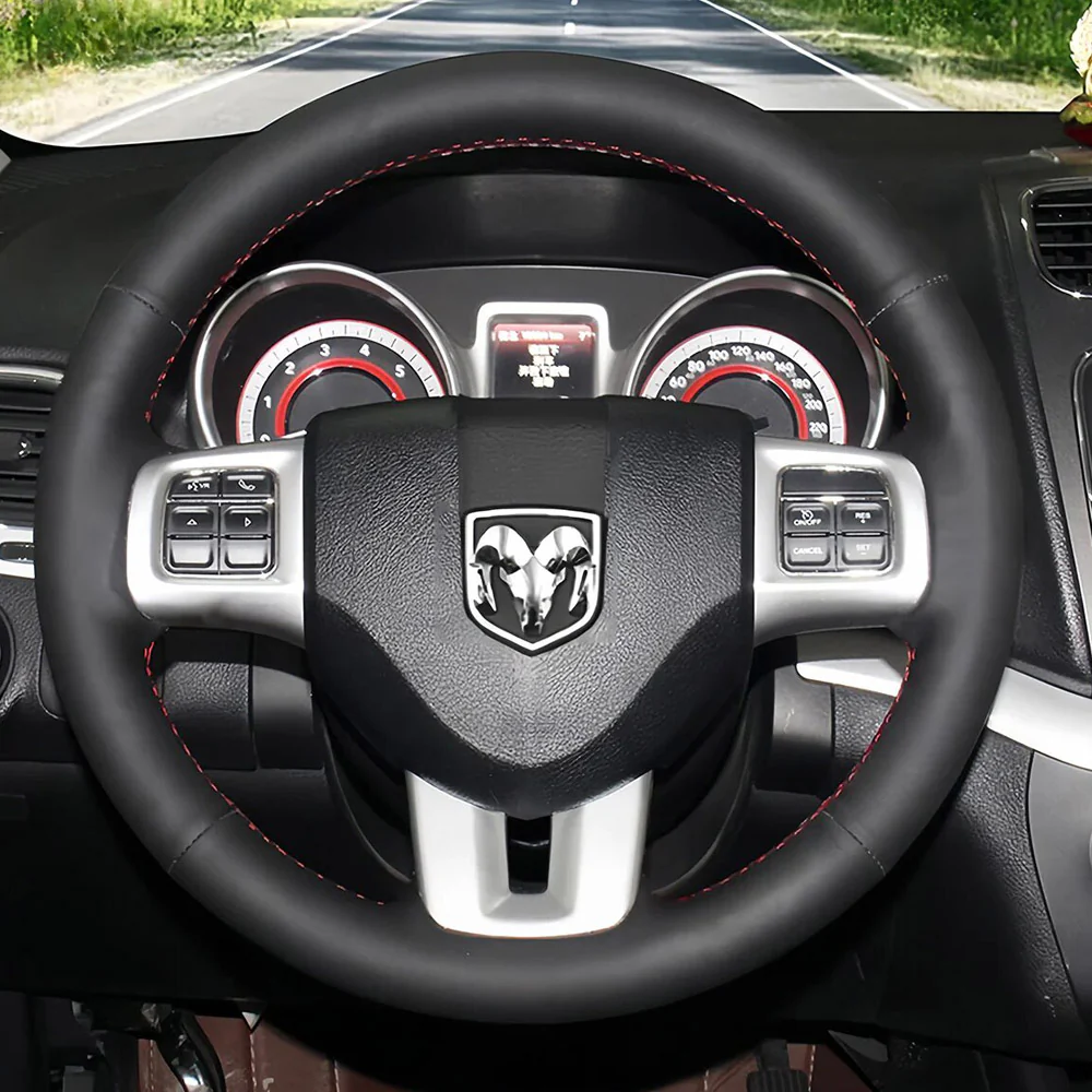 Loncky® Custom Hand Stitched Car OEM Leather Steering Wheel Cover for Dodge Challenger Charger Avenger Durango Journey Grand Caravan 2011-2020 Interior Accessories