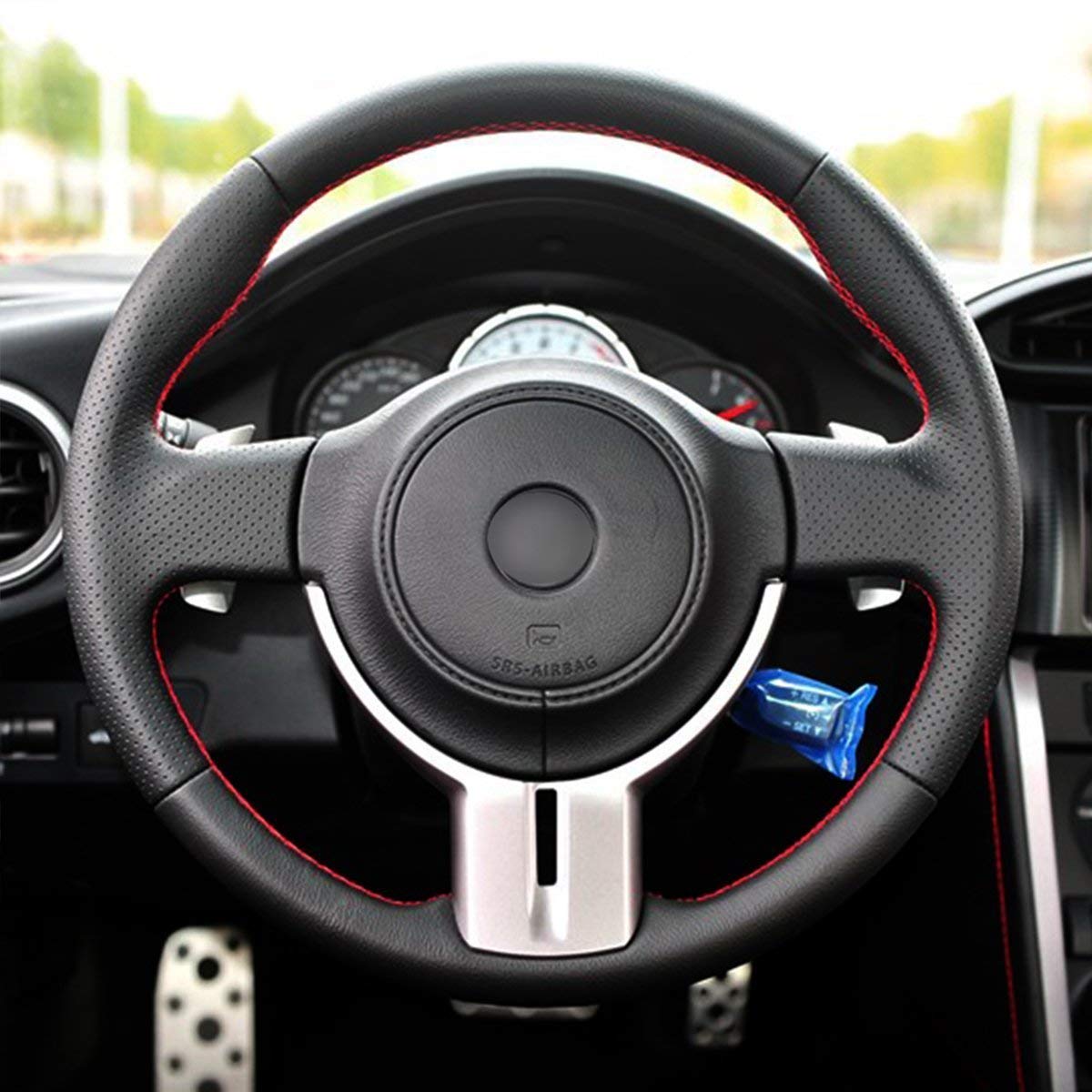 Loncky® Custom Hand Stitched Car OEM Leather Steering Wheel Cover for Scion FR-S 2013 2014 2015 2016 / Subaru BRZ 2013 2014 2015 2016 / Toyota 86 Carbon Fiber OEM Interior Parts Accessories