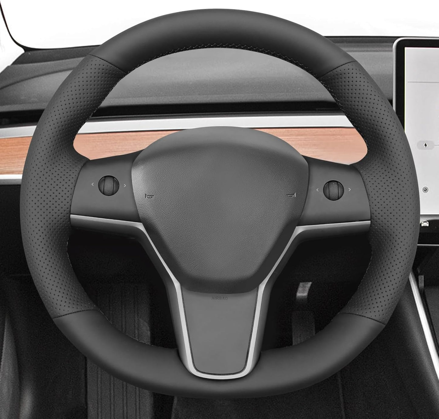 Loncky® Custom Hand Stitched Car OEM Leather Steering Wheel Cover for Tesla Model 3 Sedan 2017 2018 2019 2020 2021 / Model Y SUV 2020 2021 Interior Accessories
