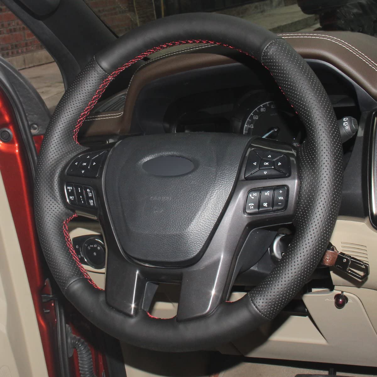 Loncky® Custom Hand Stitched Car OEM Leather Steering Wheel Cover for Ford Ranger Everest 2015-2023 Interior Accessories