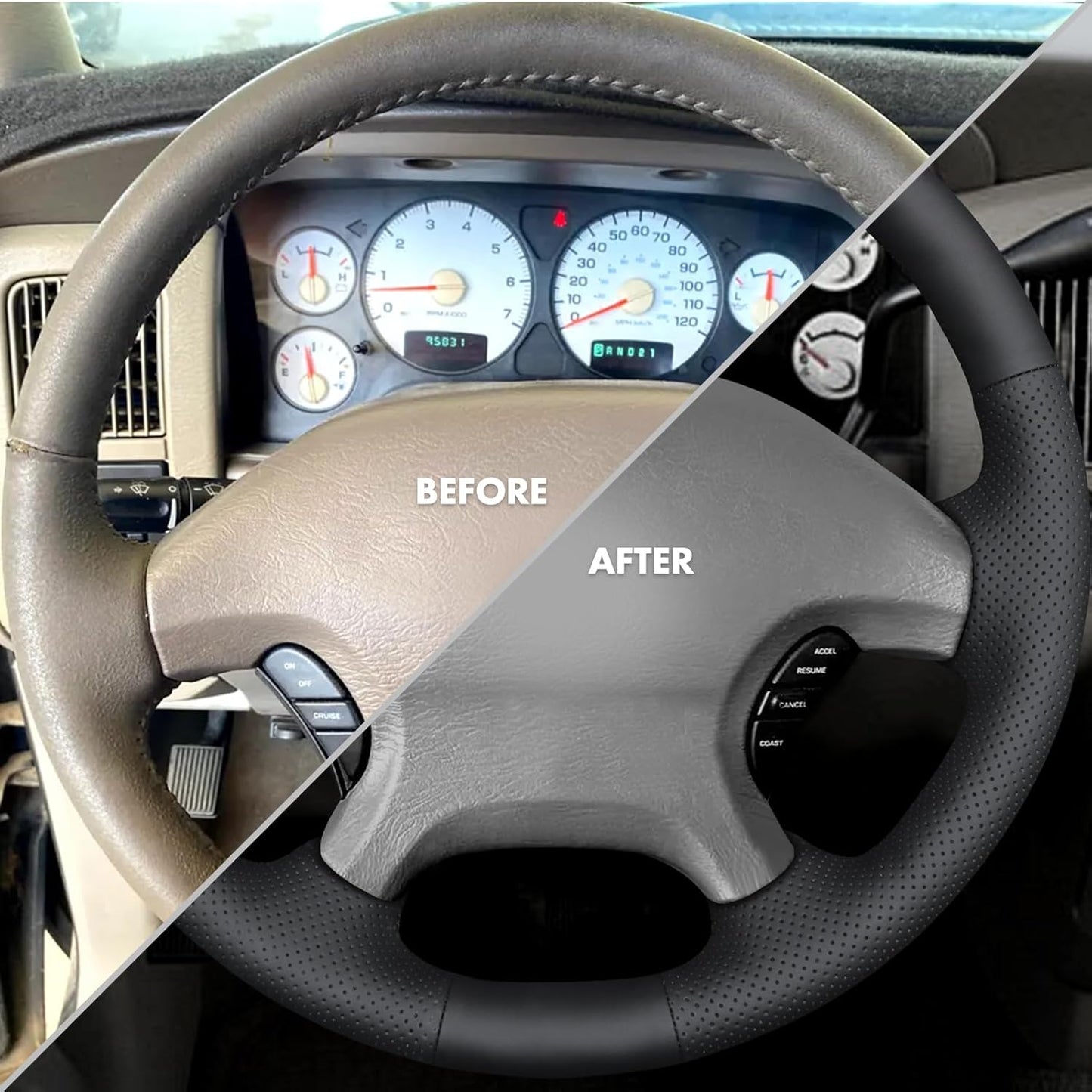 Loncky® Custom Hand Stitched Car OEM Leather Steering Wheel Cover for Dodge Ram 1500 2002 2003 Interior Accessories