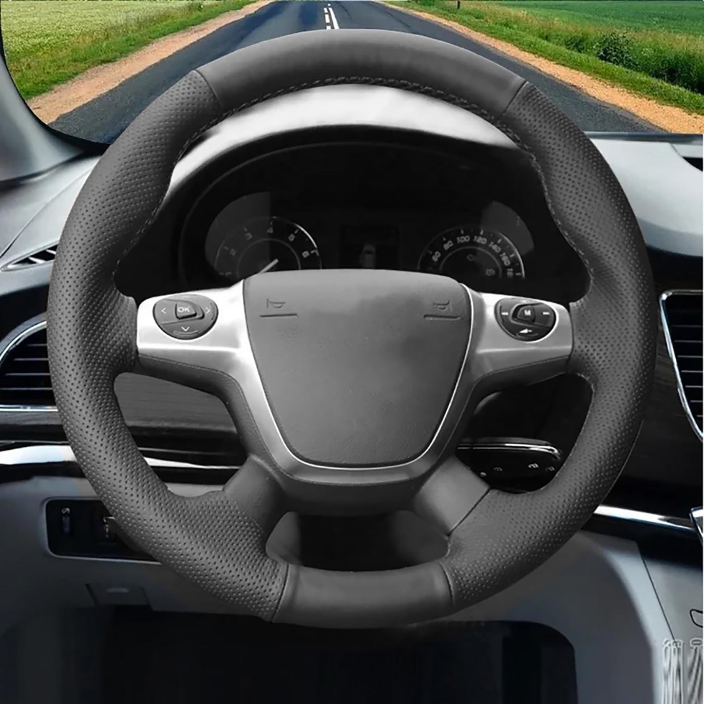 Loncky® Custom Hand Stitched OEM Leather Steering Wheel Cover for Ford Escape 2013 2014 2015 2016 / Ford Focus 2012 2013 2014 / Ford C-Max 2013 2014 2015 2016 Interior Accessories