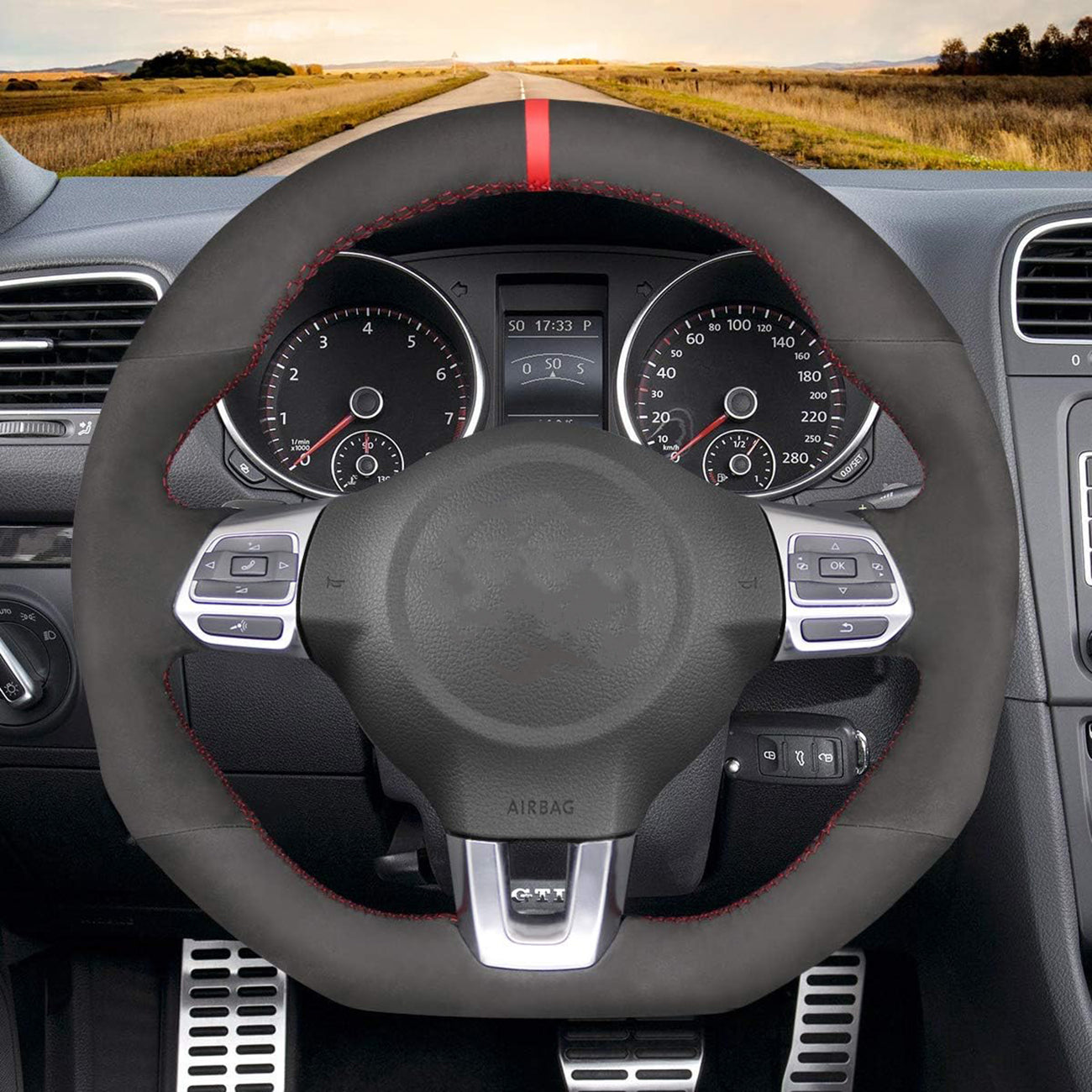Loncky® Custom Hand Stitched OEM DIY Black Genuine Leather Steering Wheel Cover for VW GTI 2010 2011 2012 2013 2014 / VW Jetta GLI 2012 2013 2014 / VW Golf R 2012 2013 for VW Tiguan R-Line 2014 2015 2016 Accessories