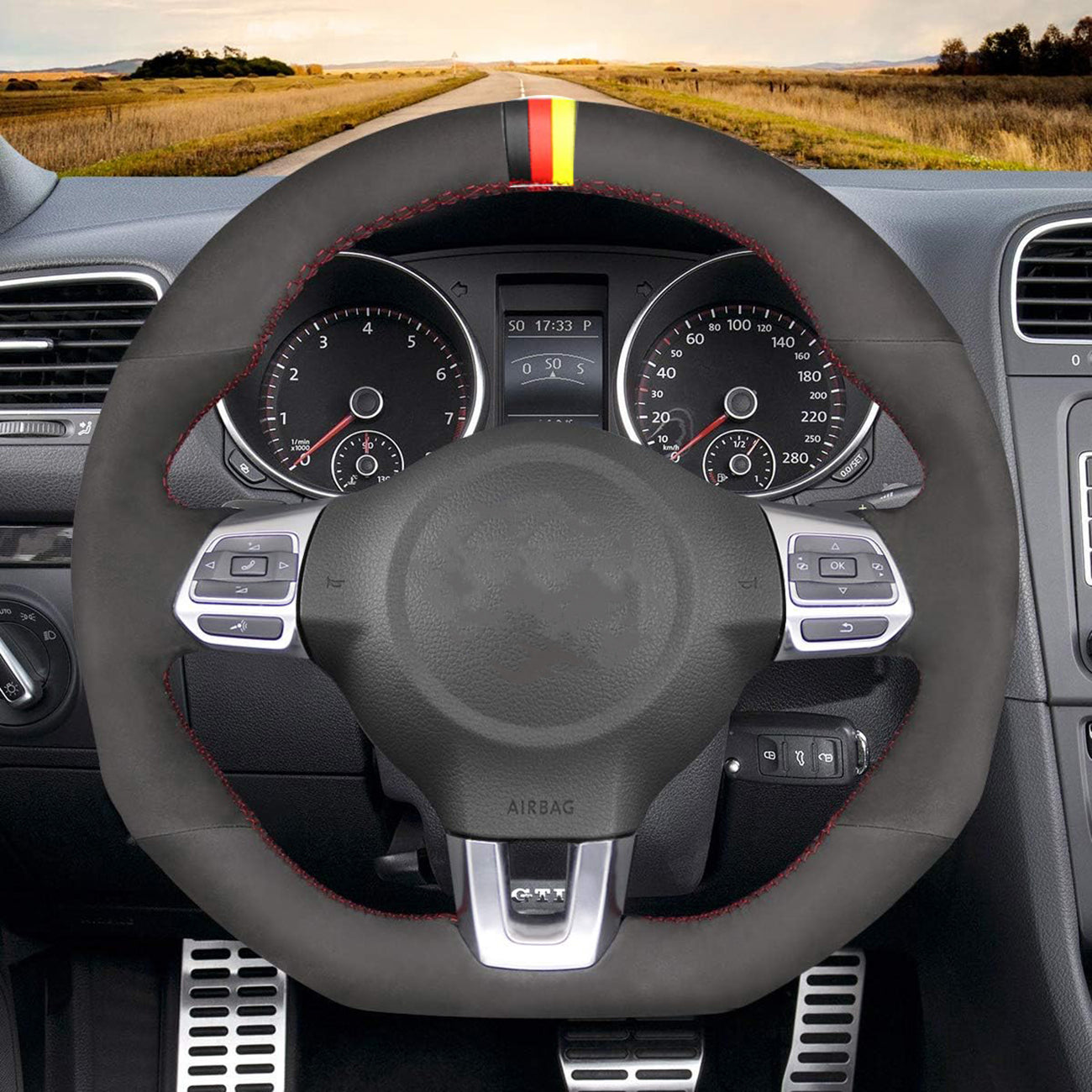 Loncky® Custom Hand Stitched OEM DIY Black Genuine Leather Steering Wheel Cover for VW GTI 2010 2011 2012 2013 2014 / VW Jetta GLI 2012 2013 2014 / VW Golf R 2012 2013 for VW Tiguan R-Line 2014 2015 2016 Accessories