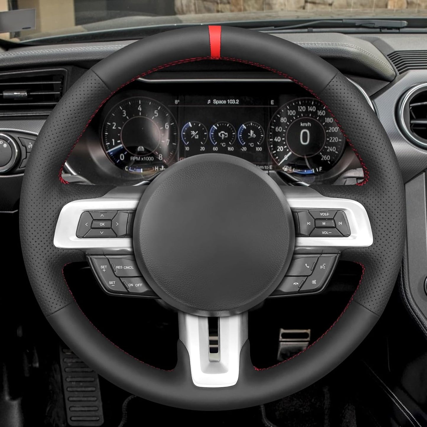 Loncky® Custom Hand Stitched Car OEM Leather Steering Wheel Cover for Ford Mustang 2015 2016 2017 2018 2019 2020 2021 2022 Interior Accessories