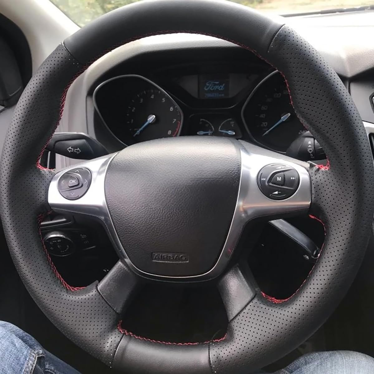 Loncky® Custom Hand Stitched OEM Leather Steering Wheel Cover for Ford Escape 2013 2014 2015 2016 / Ford Focus 2012 2013 2014 / Ford C-Max 2013 2014 2015 2016 Interior Accessories