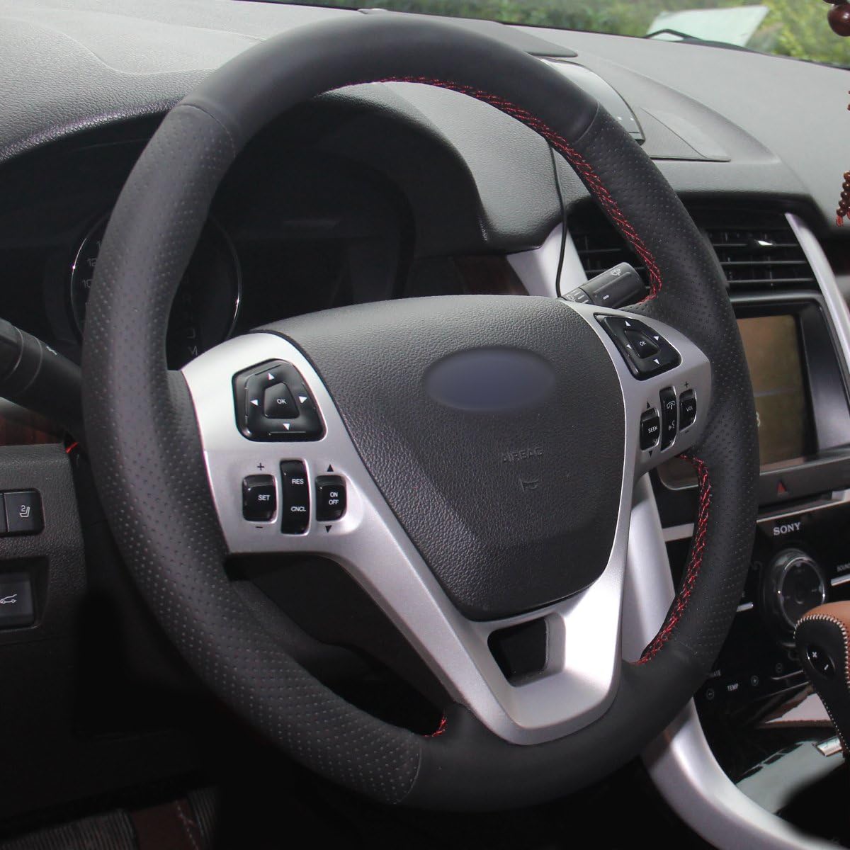 Loncky® Custom Hand Stitched Car OEM Leather Steering Wheel Cover for Ford Edge Explorer Flex Taurus Interceptor 2011-2019 Interior Accessories