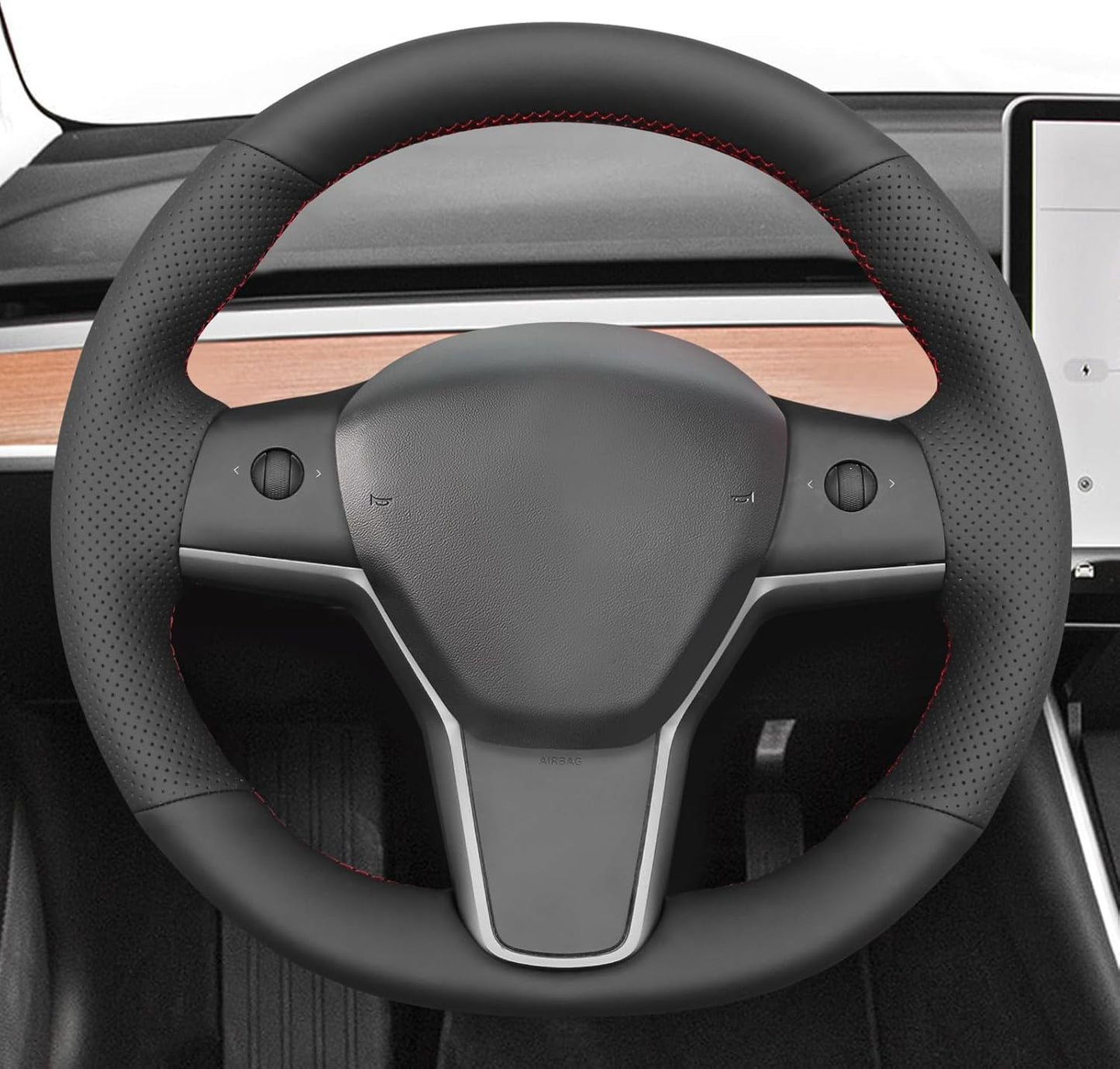 Loncky® Custom Hand Stitched Car OEM Leather Steering Wheel Cover for Tesla Model 3 Sedan 2017 2018 2019 2020 2021 / Model Y SUV 2020 2021 Interior Accessories