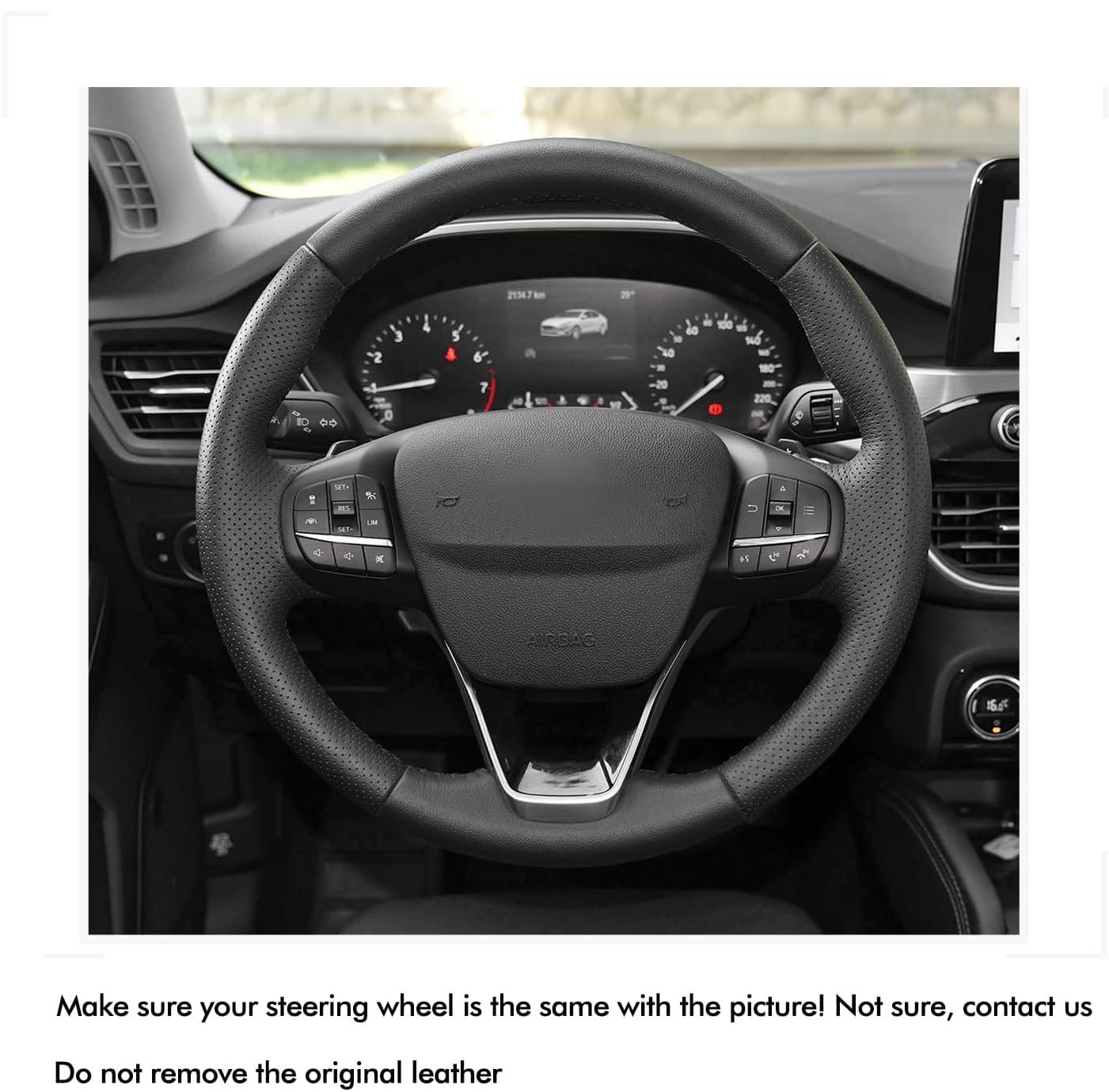 Loncky® Custom Hand Stitched Car OEM Leather Steering Wheel Cover for Ford Focus III Escape Ecosport Kuga Grand C-MAX 2015-2023 Interior Accessories