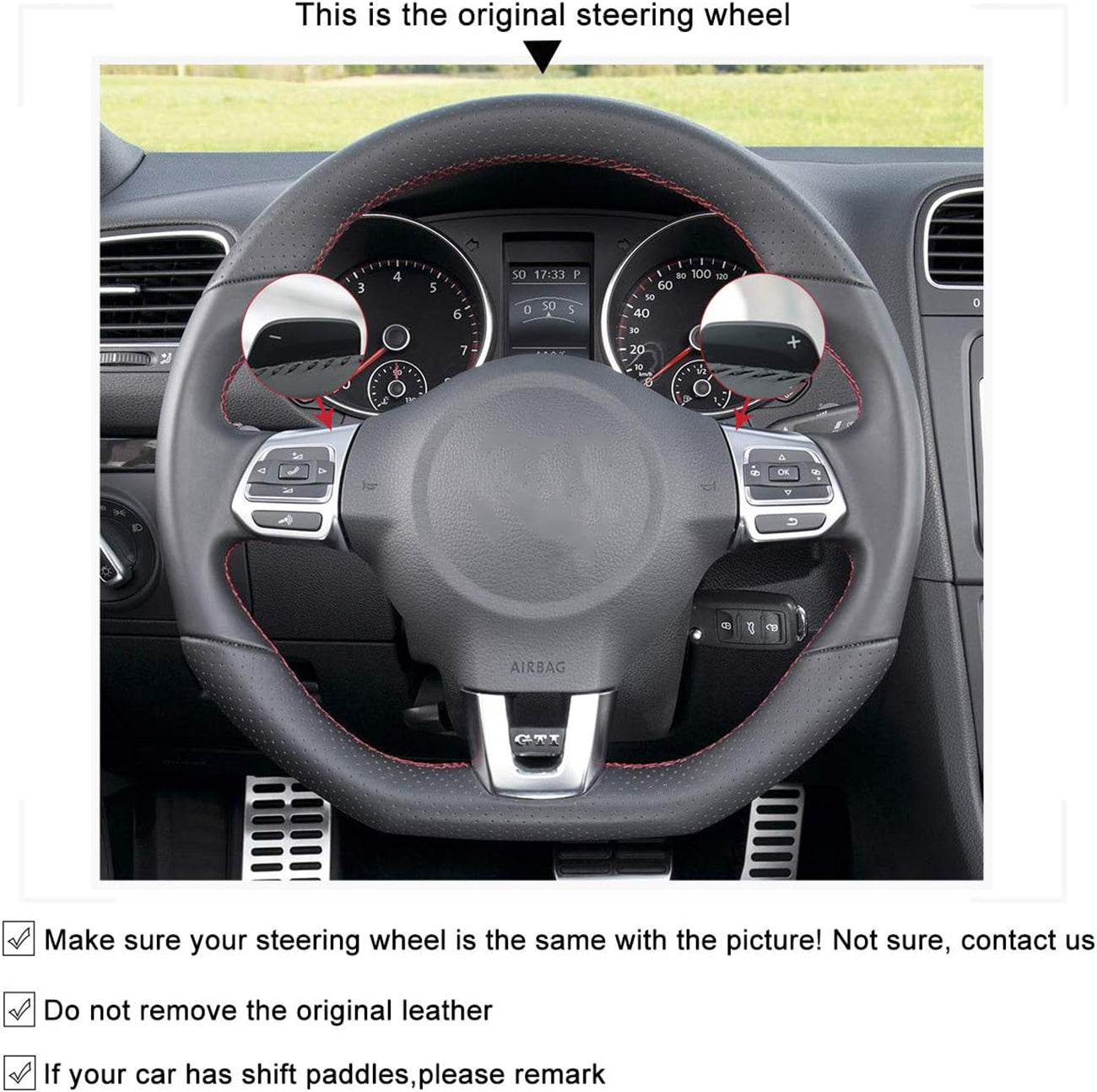 Loncky® Custom Hand Stitched OEM DIY Black Genuine Leather Steering Wheel Cover for VW GTI 2010 2011 2012 2013 2014 / VW Jetta GLI 2012 2013 2014 / VW Golf R 2012 2013 for VW Tiguan R-Line 2014 2015 2016 Accessories