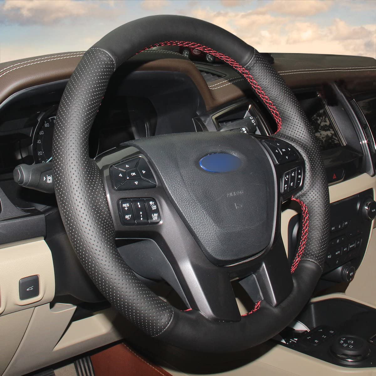 Loncky® Custom Hand Stitched Car OEM Leather Steering Wheel Cover for Ford Ranger Everest 2015-2023 Interior Accessories