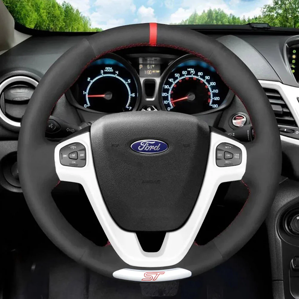 Loncky® Custom Hand Stitched Car OEM Leather Steering Wheel Cover for Ford Fiesta ST 2012-2017 Interior Accessories