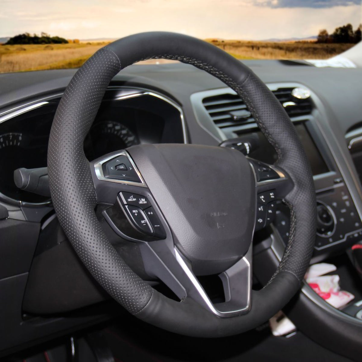 Loncky® Custom Hand Stitched Car OEM Leather Steering Wheel Cover for Ford Edge Fusion Galaxy Mondeo S-Max 2013-2024 Interior Accessories