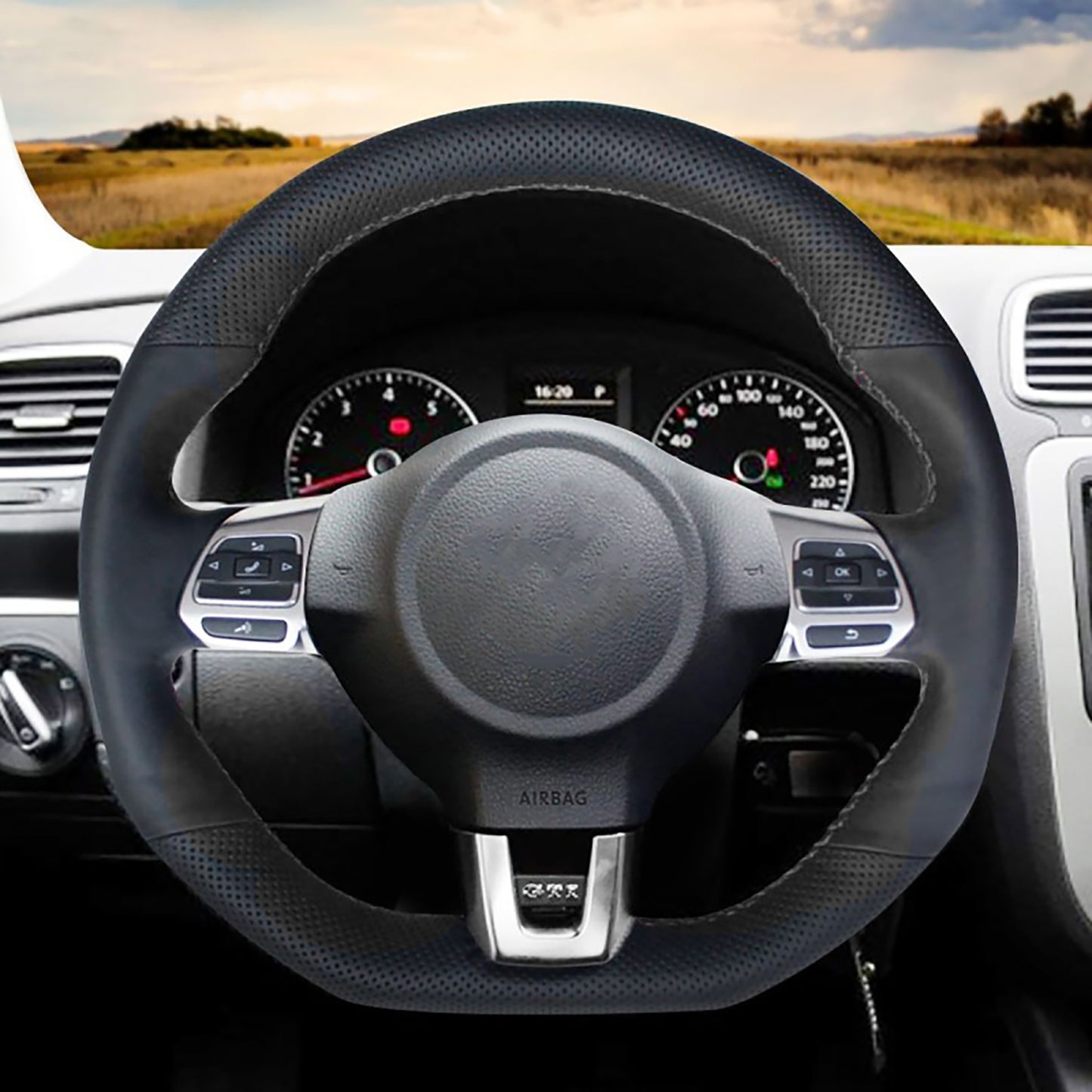 Loncky® Custom Hand Stitched OEM DIY Black Genuine Leather Steering Wheel Cover for VW GTI 2010 2011 2012 2013 2014 / VW Jetta GLI 2012 2013 2014 / VW Golf R 2012 2013 for VW Tiguan R-Line 2014 2015 2016 Accessories